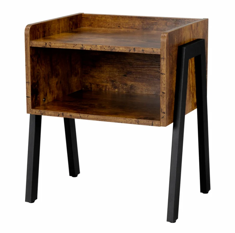 Traditional Vintage Medium Density Fiberboard Metal Square Nightstand With 2-Tier For Bedroom