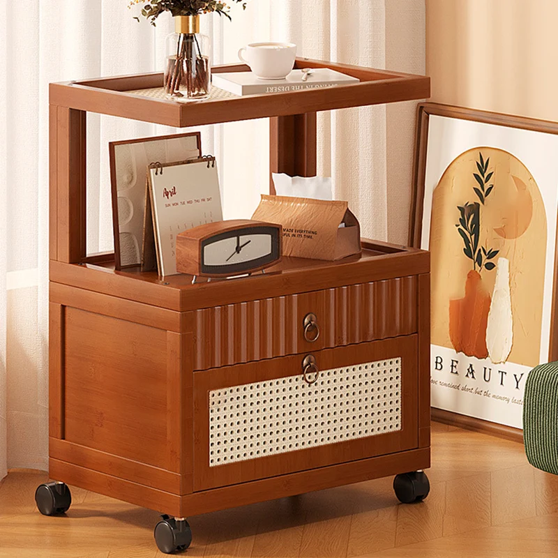 Traditional Vintage Bamboo MDF ABS Acrylic Movable Square Side Table With 2 Drawers For Living Room