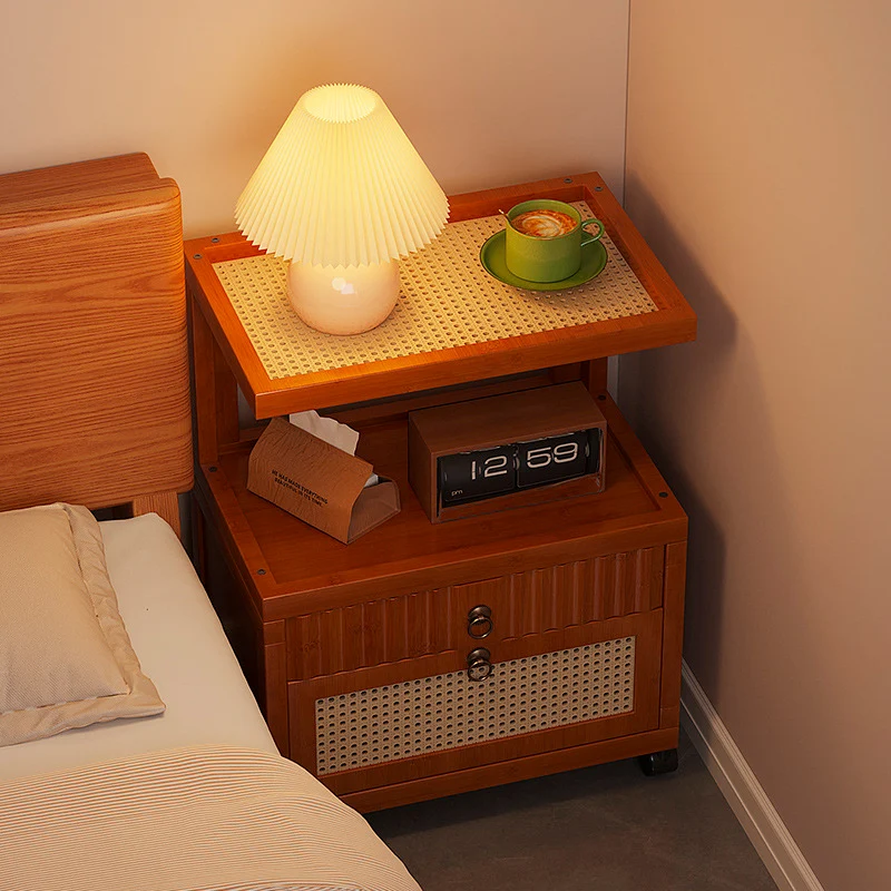 Traditional Vintage Bamboo MDF ABS Acrylic Movable Square Side Table With 2 Drawers For Living Room
