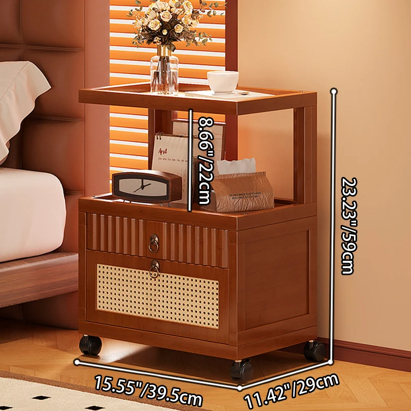 Traditional Vintage Bamboo MDF ABS Acrylic Movable Square Side Table With 2 Drawers For Living Room