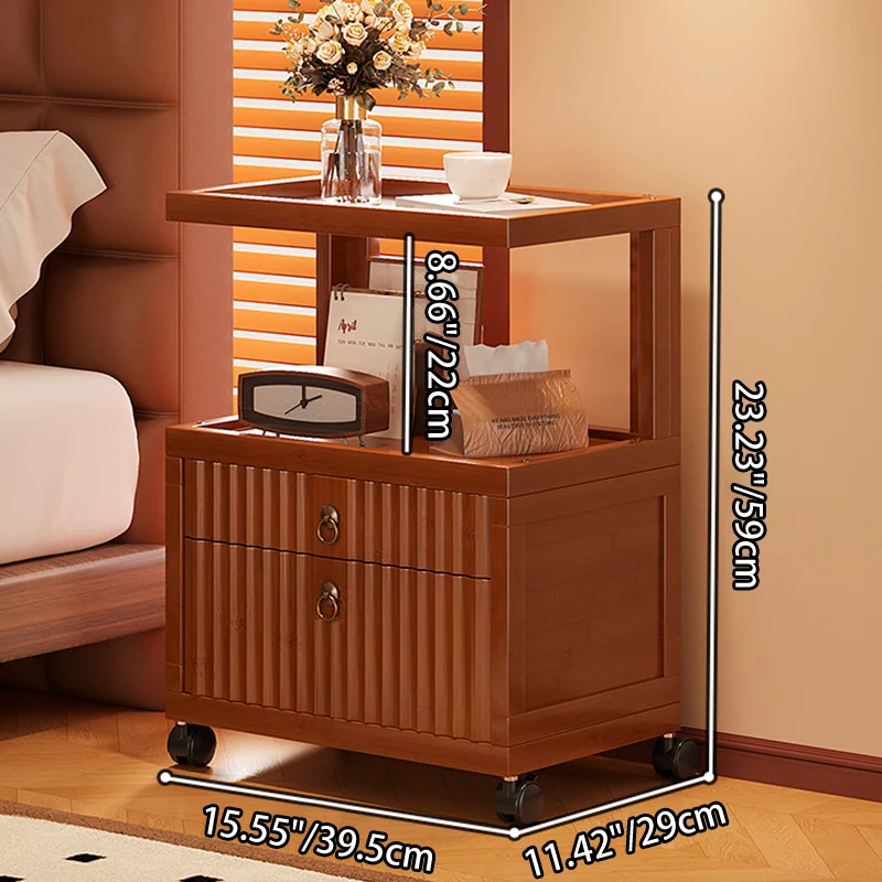 Traditional Vintage Bamboo MDF ABS Acrylic Movable Square Side Table With 2 Drawers For Living Room