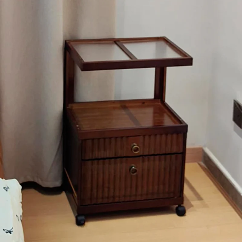 Traditional Vintage Bamboo MDF ABS Acrylic Movable Square Side Table With 2 Drawers For Living Room