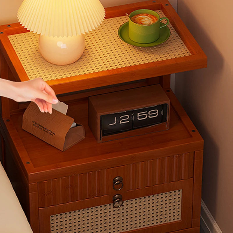 Traditional Vintage Bamboo MDF ABS Acrylic Movable Square Side Table With 2 Drawers For Living Room