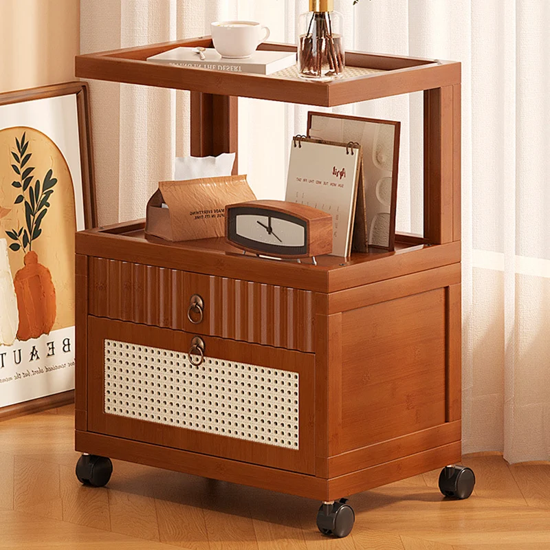 Traditional Vintage Bamboo MDF ABS Acrylic Movable Square Side Table With 2 Drawers For Living Room