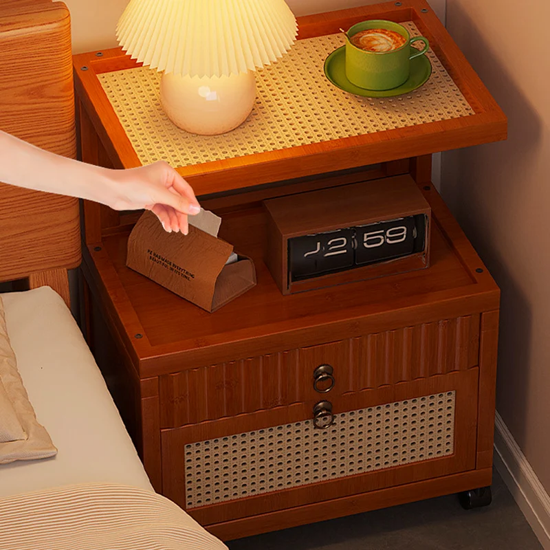 Traditional Vintage Bamboo MDF ABS Acrylic Movable Square Side Table With 2 Drawers For Living Room