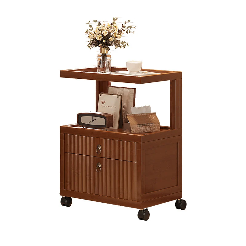 Traditional Vintage Bamboo MDF ABS Acrylic Movable Square Side Table With 2 Drawers For Living Room