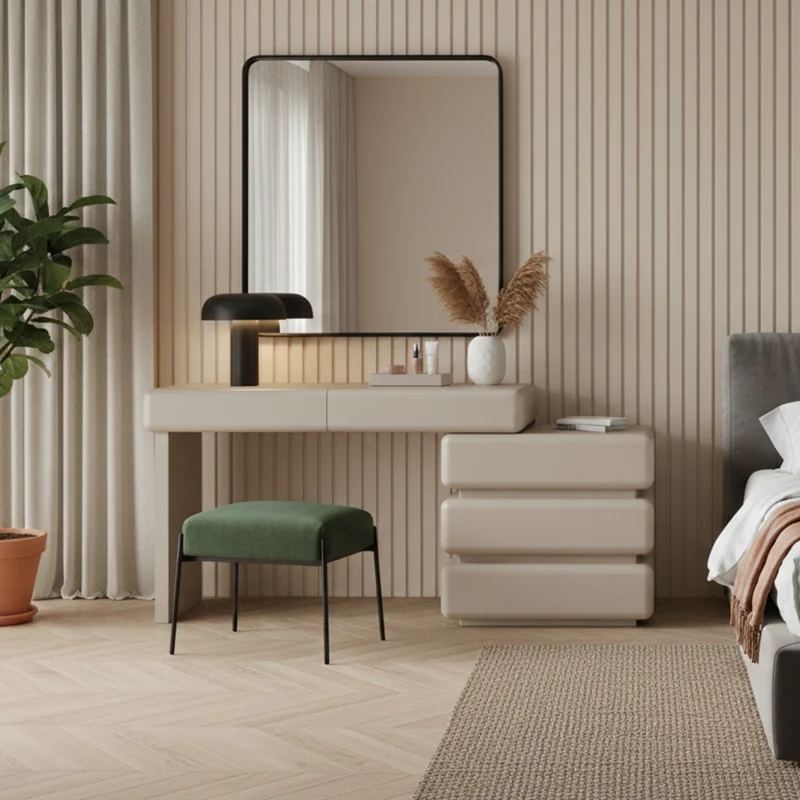 Modern Minimalist Khaki Makeup Vanity With 5/8-Drawer Chest - Solid Wood Plywood Dresser & Makeup Desk For Bedroom
