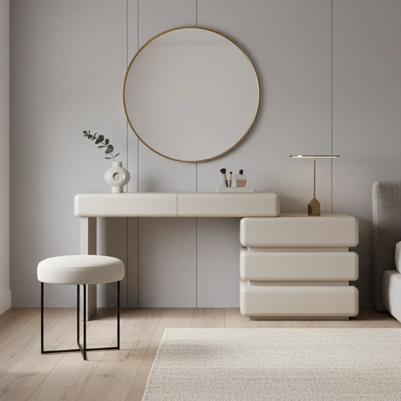 Modern Minimalist Khaki Makeup Vanity With 5/8-Drawer Chest - Solid Wood Plywood Dresser & Makeup Desk For Bedroom