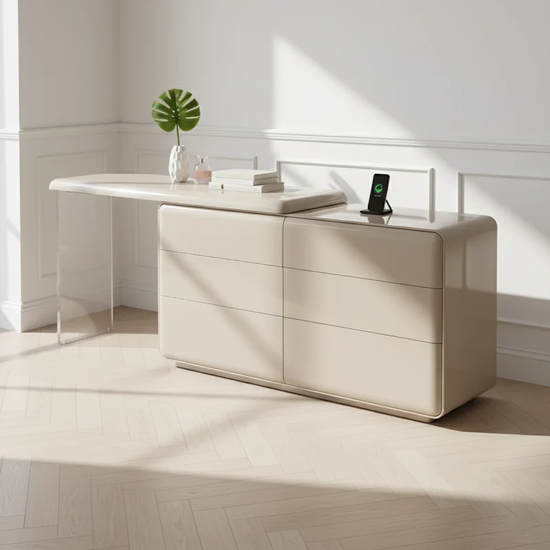 Modern Minimalist Khaki Makeup Vanity With Acrylic Legs & 6-Drawer Storage Cabinet - E1 MDF Makeup Desk For Bedroom