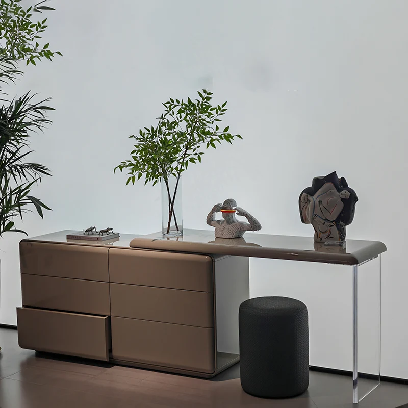 Modern Minimalist Khaki Makeup Vanity With Acrylic Legs & 6-Drawer Storage Cabinet - E1 MDF Makeup Desk For Bedroom