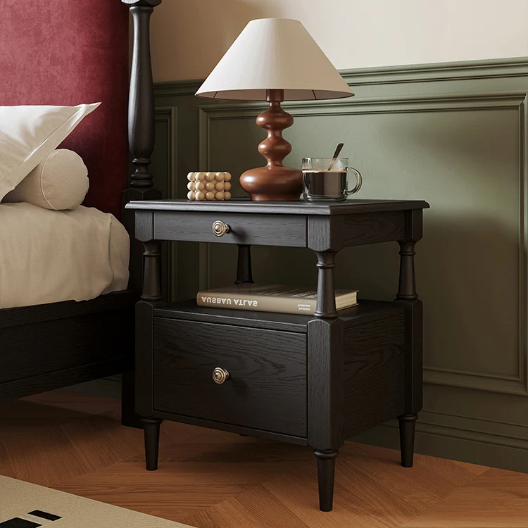 Contemporary Retro Square Rectangular Ash Wood Plywood Nightstand 2-Drawer For Bedroom