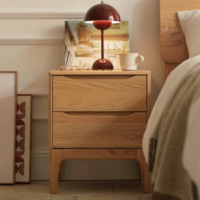 Modern Minimalist Square Rectangular Oak Wood Paulownia Wood Nightstand 2-Drawer For Bedroom
