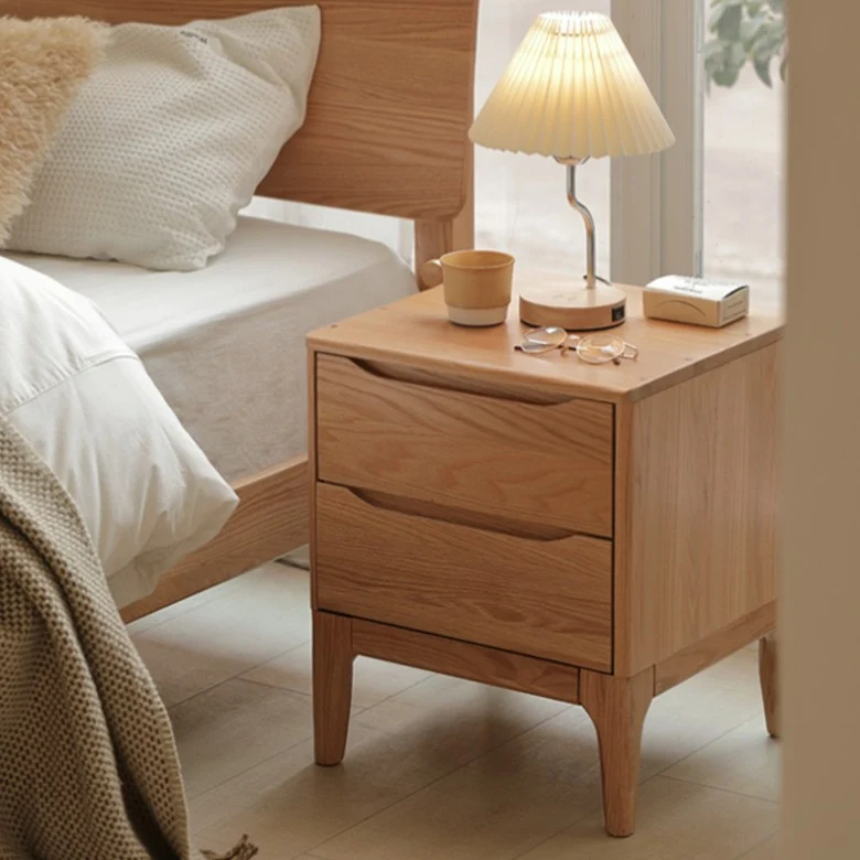 Modern Minimalist Square Rectangular Oak Wood Paulownia Wood Nightstand 2-Drawer For Bedroom