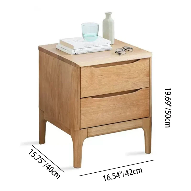 Modern Minimalist Square Rectangular Oak Wood Paulownia Wood Nightstand 2-Drawer For Bedroom
