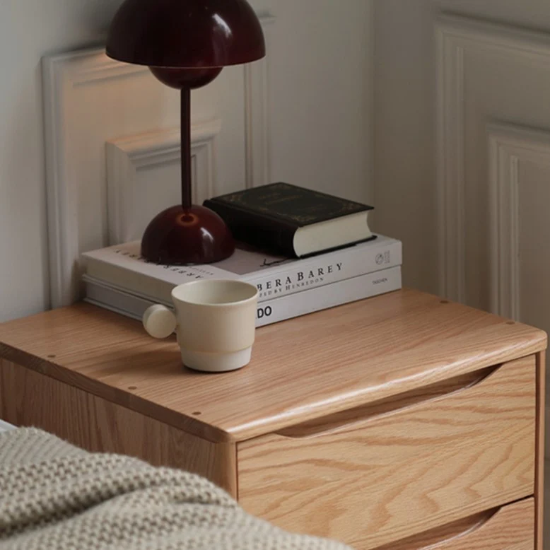 Modern Minimalist Square Rectangular Oak Wood Paulownia Wood Nightstand 2-Drawer For Bedroom