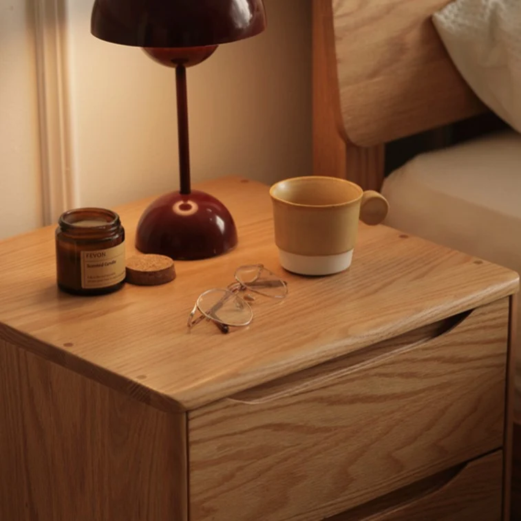 Modern Minimalist Square Rectangular Oak Wood Paulownia Wood Nightstand 2-Drawer For Bedroom