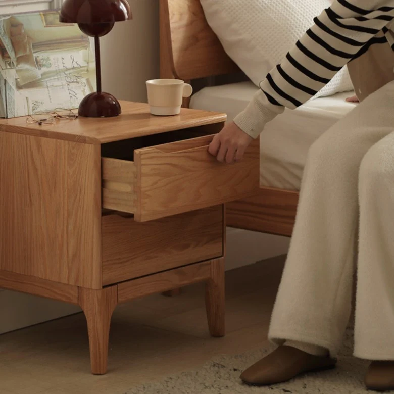 Modern Minimalist Square Rectangular Oak Wood Paulownia Wood Nightstand 2-Drawer For Bedroom