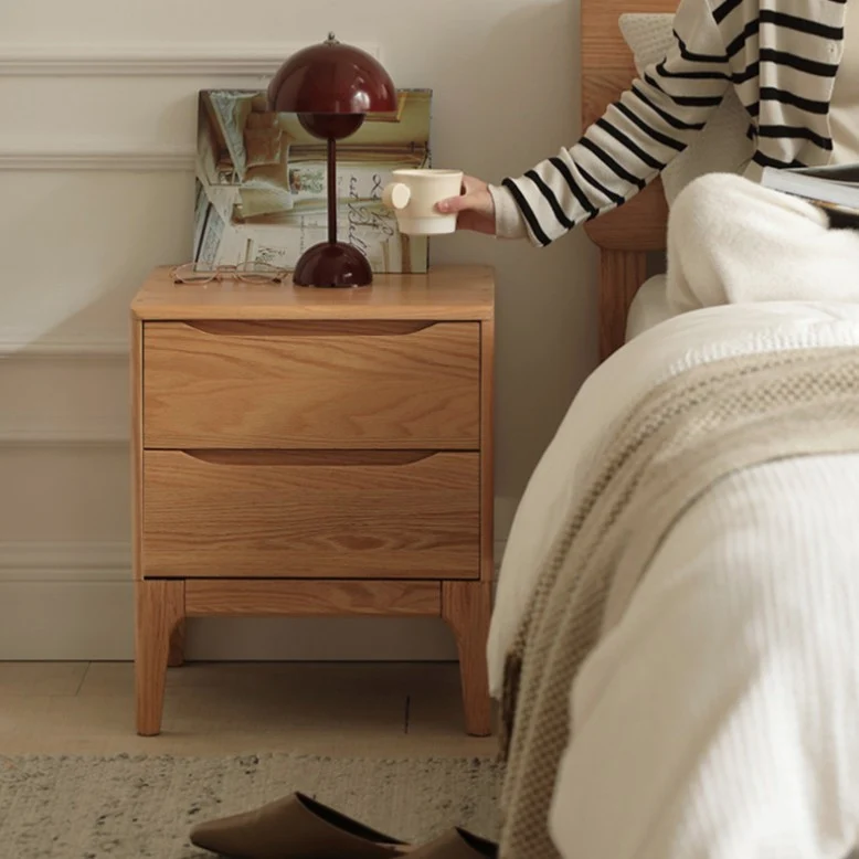 Modern Minimalist Square Rectangular Oak Wood Paulownia Wood Nightstand 2-Drawer For Bedroom