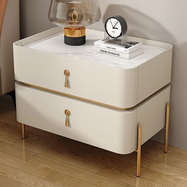 Contemporary Luxury Square Rectangular Stone Slab Microfiber Leather Solid Wood Plywood Pine Wood Nightstand 2-Drawer For Bedroom