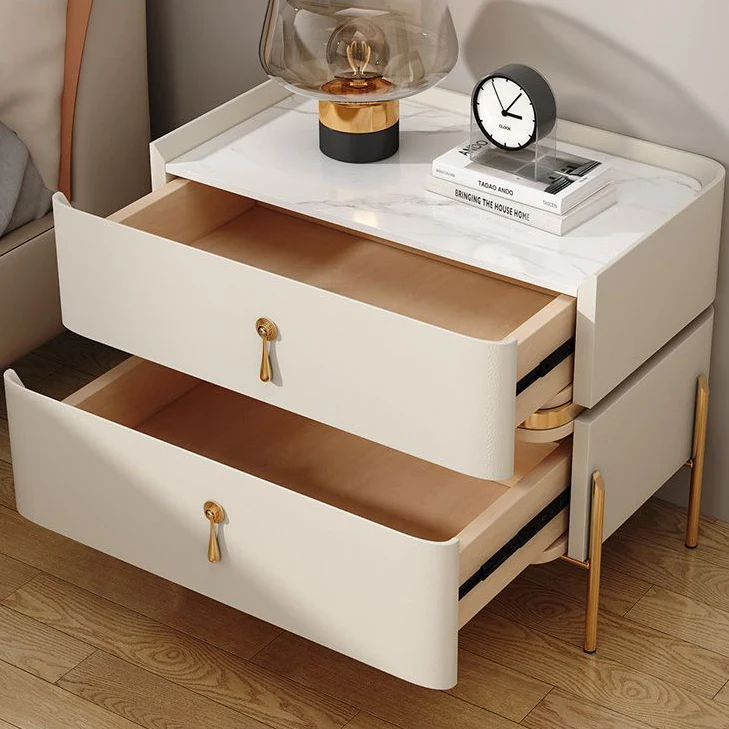 Contemporary Luxury Square Rectangular Stone Slab Microfiber Leather Solid Wood Plywood Pine Wood Nightstand 2-Drawer For Bedroom