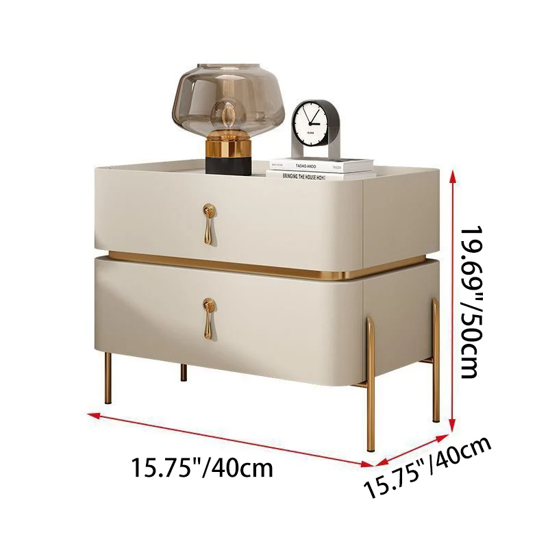 Contemporary Luxury Square Rectangular Stone Slab Microfiber Leather Solid Wood Plywood Pine Wood Nightstand 2-Drawer For Bedroom