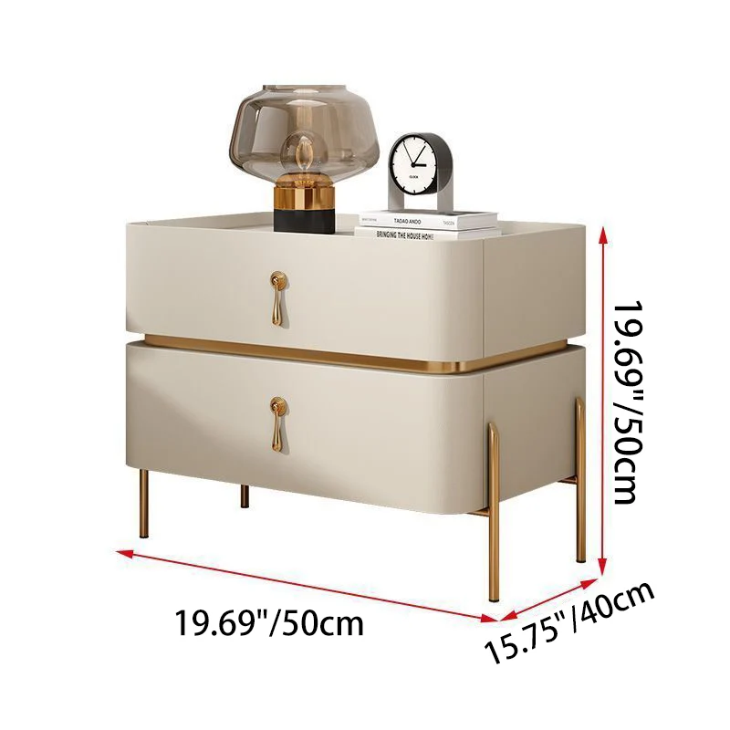 Contemporary Luxury Square Rectangular Stone Slab Microfiber Leather Solid Wood Plywood Pine Wood Nightstand 2-Drawer For Bedroom