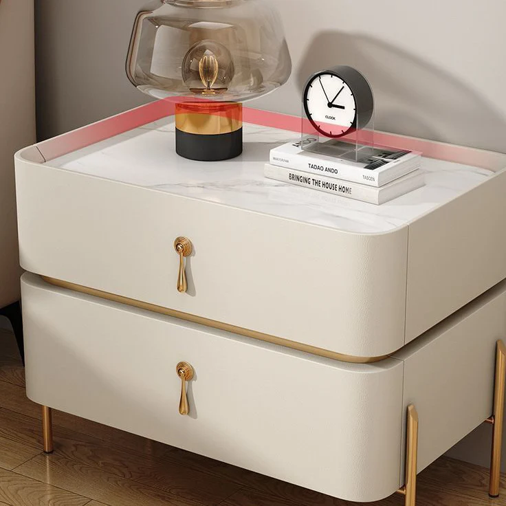 Contemporary Luxury Square Rectangular Stone Slab Microfiber Leather Solid Wood Plywood Pine Wood Nightstand 2-Drawer For Bedroom