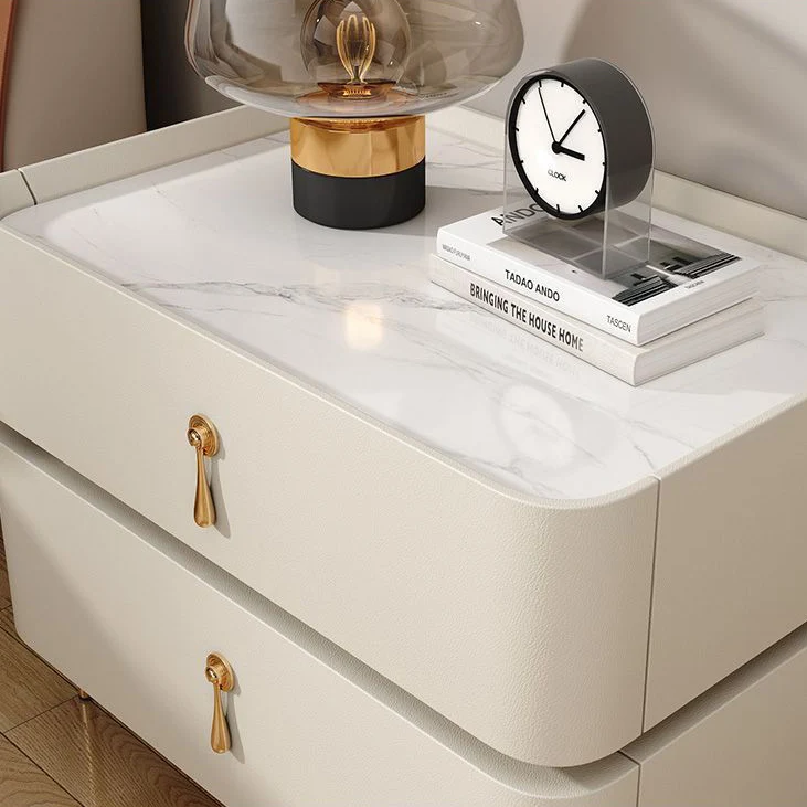 Contemporary Luxury Square Rectangular Stone Slab Microfiber Leather Solid Wood Plywood Pine Wood Nightstand 2-Drawer For Bedroom