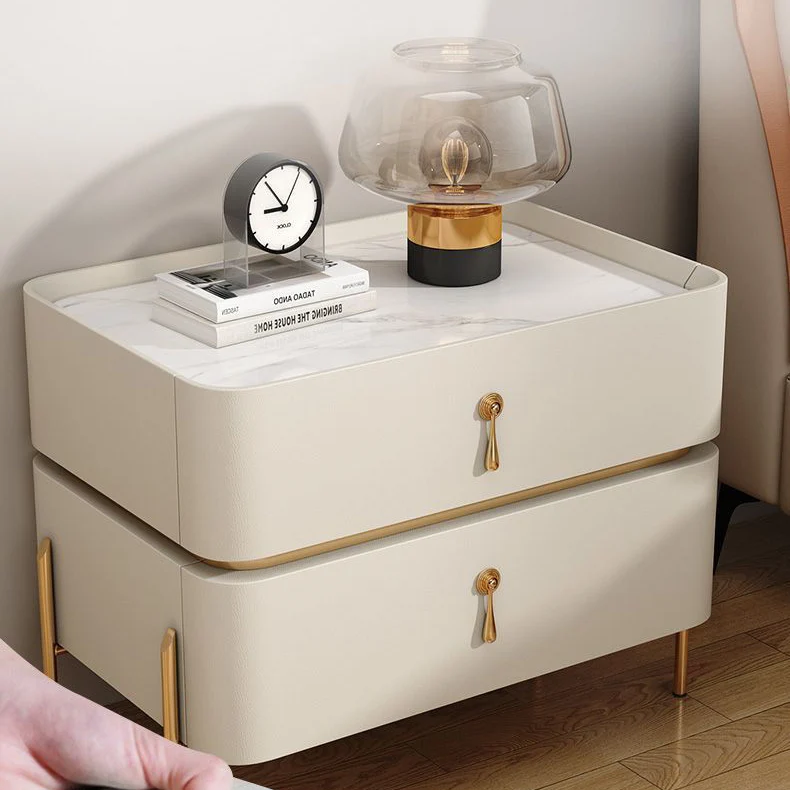 Contemporary Luxury Square Rectangular Stone Slab Microfiber Leather Solid Wood Plywood Pine Wood Nightstand 2-Drawer For Bedroom