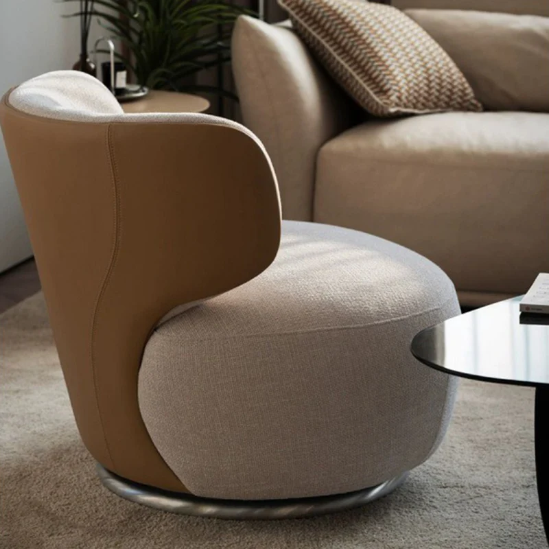 Modern Minimalist Round Linen Faux Leather Eucalyptus Wood Iron 360°Swivel Accent Chair Backrest Armless For Living Room