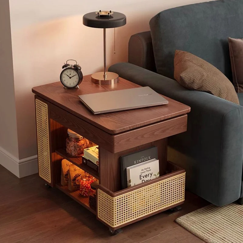 Contemporary Retro Rectangular Eco-Friendly Engineered Wood PE Rattan Weaving Movable 360°Swivel Height Adjustable End Table 3-Tier For Living Room