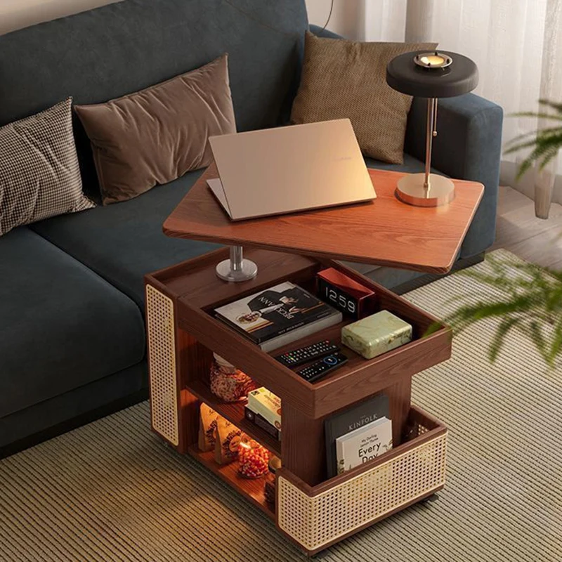 Contemporary Retro Rectangular Eco-Friendly Engineered Wood PE Rattan Weaving Movable 360°Swivel Height Adjustable End Table 3-Tier For Living Room