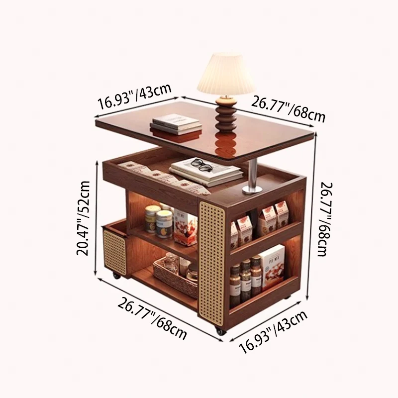 Contemporary Retro Rectangular Eco-Friendly Engineered Wood PE Rattan Weaving Movable 360°Swivel Height Adjustable End Table 3-Tier For Living Room