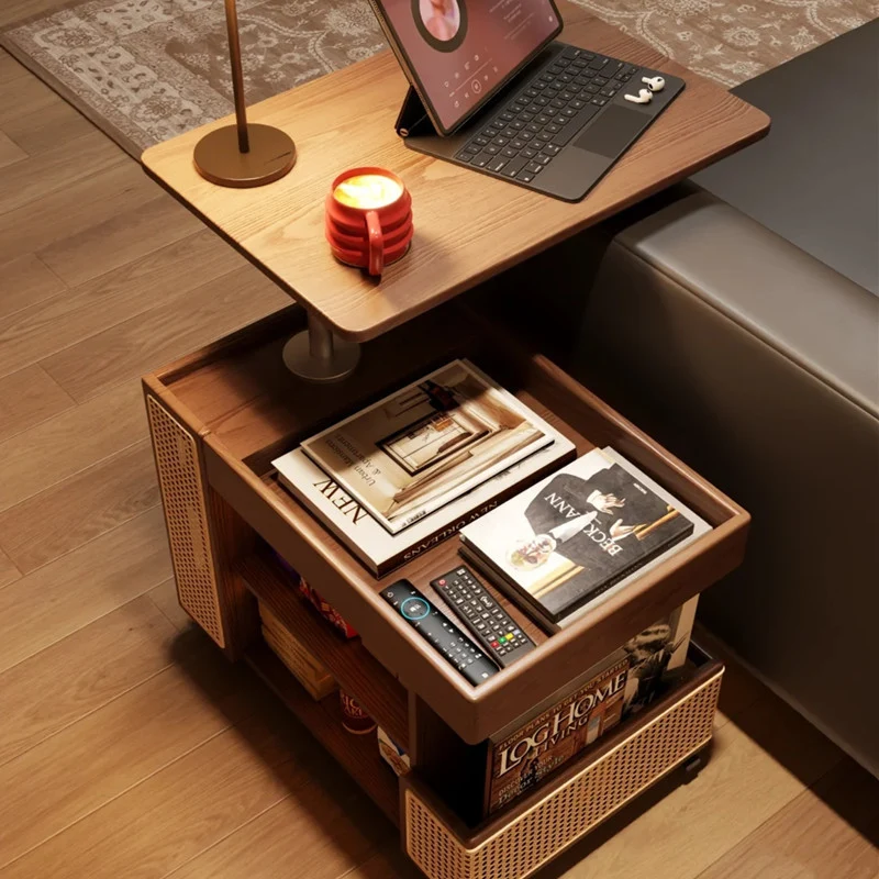 Contemporary Retro Rectangular Eco-Friendly Engineered Wood PE Rattan Weaving Movable 360°Swivel Height Adjustable End Table 3-Tier For Living Room