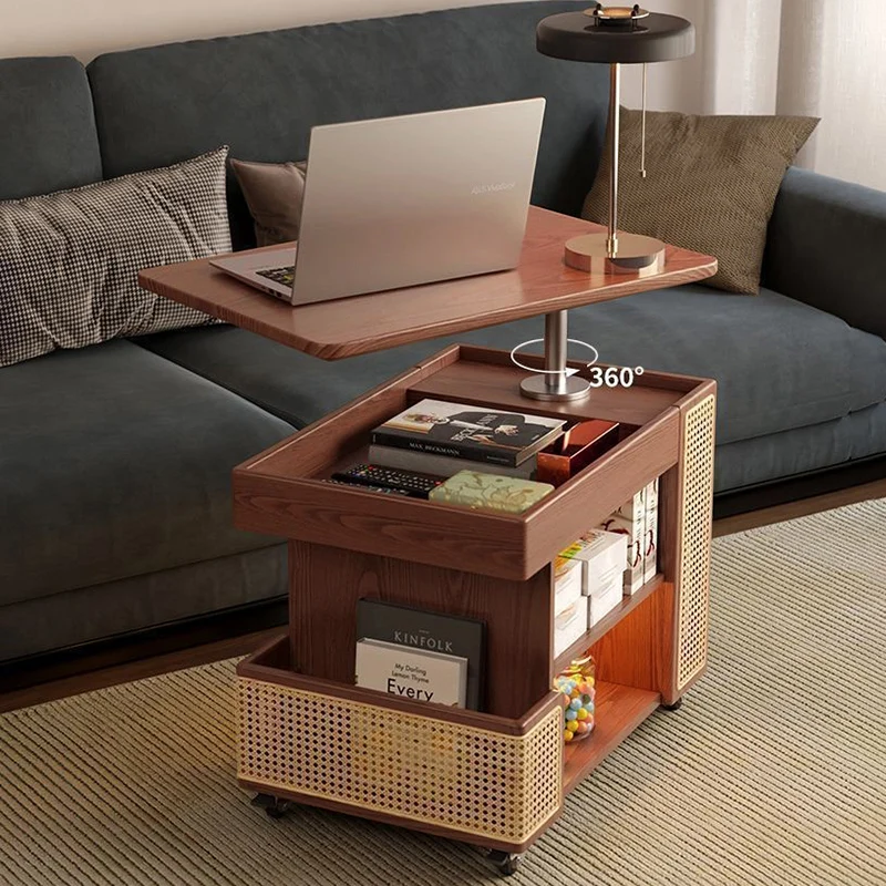 Contemporary Retro Rectangular Eco-Friendly Engineered Wood PE Rattan Weaving Movable 360°Swivel Height Adjustable End Table 3-Tier For Living Room
