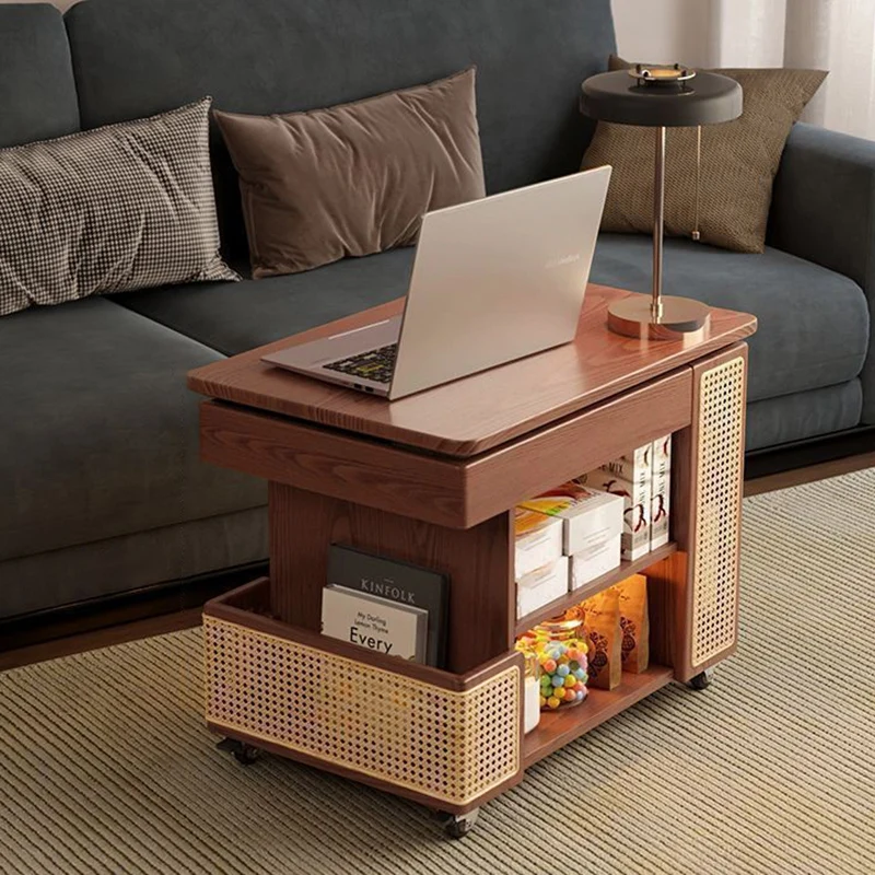 Contemporary Retro Rectangular Eco-Friendly Engineered Wood PE Rattan Weaving Movable 360°Swivel Height Adjustable End Table 3-Tier For Living Room