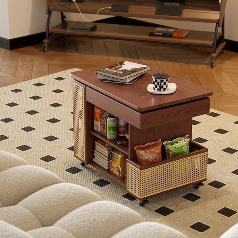 Contemporary Retro Rectangular Eco-Friendly Engineered Wood PE Rattan Weaving Movable 360°Swivel Height Adjustable End Table 3-Tier For Living Room