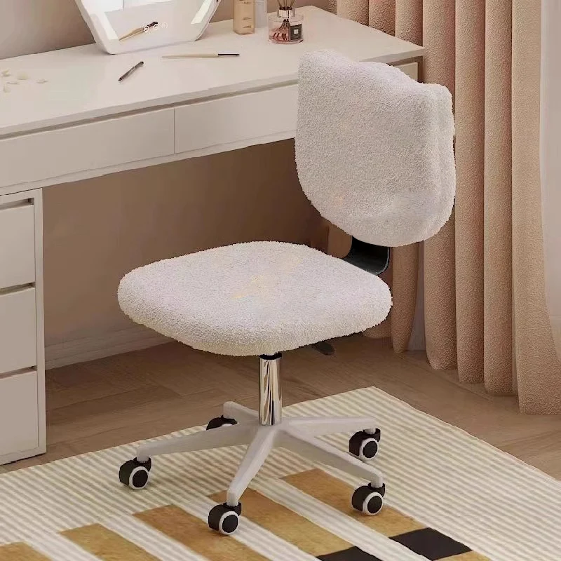 Modern Minimalist Square Lamb Fleece Solid Wood Plywood Iron Steel 360°Swivel Movable Height Adjustable Desk Chair Backrest Armless For Home Office