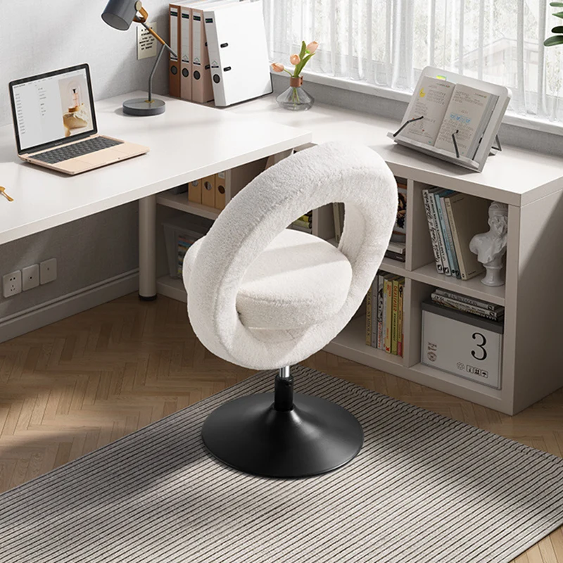 Modern Minimalist Round Lamb Fleece Carbon Steel Height Adjustable Foldable 360°Swivel Vanity Stool Backless Armless For Bedroom