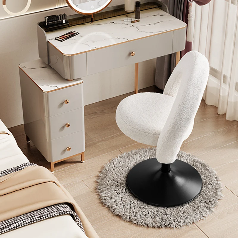 Modern Minimalist Round Lamb Fleece Carbon Steel Height Adjustable Foldable 360°Swivel Vanity Stool Backless Armless For Bedroom