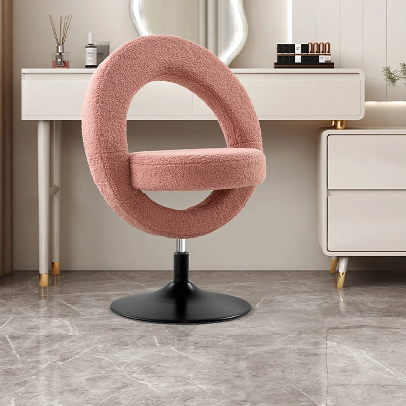 Modern Minimalist Round Lamb Fleece Carbon Steel Height Adjustable Foldable 360°Swivel Vanity Stool Backless Armless For Bedroom