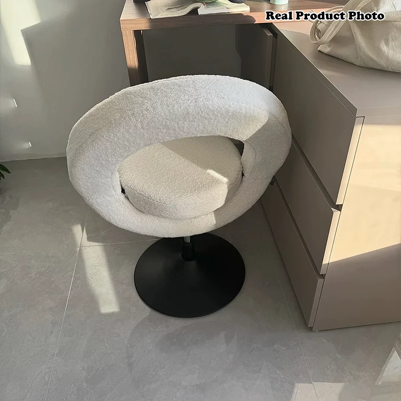 Modern Minimalist Round Lamb Fleece Carbon Steel Height Adjustable Foldable 360°Swivel Vanity Stool Backless Armless For Bedroom