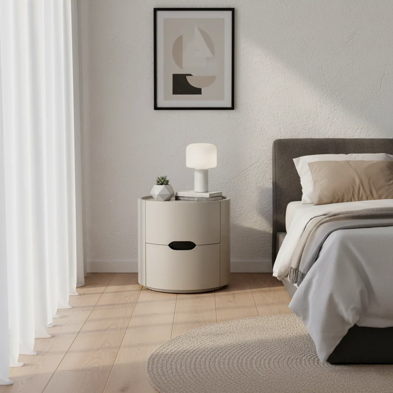 Modern Minimalist Cylinder Plywood & E1 MDF Nightstand With Double Storage Drawers And Protective Raised Rim For Bedroom