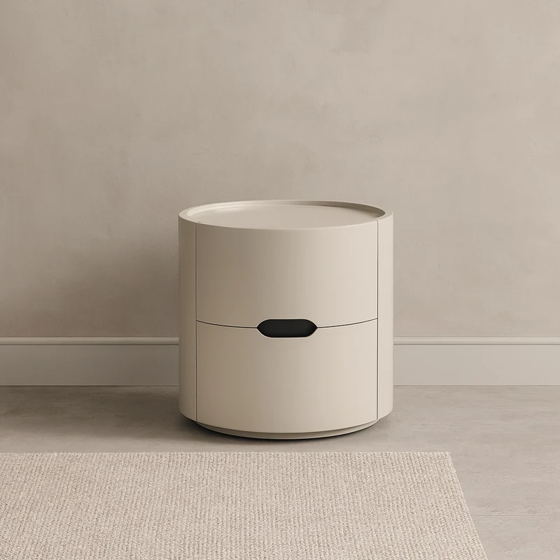Modern Minimalist Cylinder Plywood & E1 MDF Nightstand With Double Storage Drawers And Protective Raised Rim For Bedroom