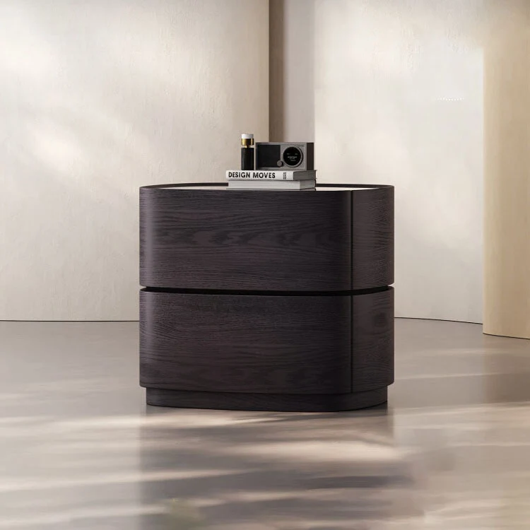 Modern Luxury Oval Stone Slab Plywood Nightstand With Dual Drawers For Bedroom