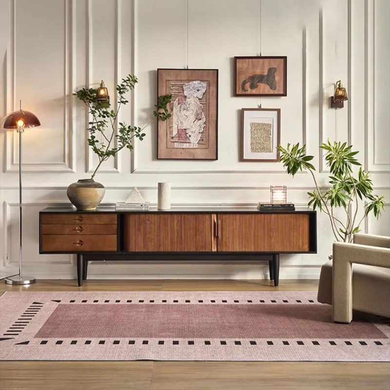 Contemporary Retro Solid Ash Wood & Plywood Rectangular TV Stand With 3 Drawers & 3 Shelves For Living Room