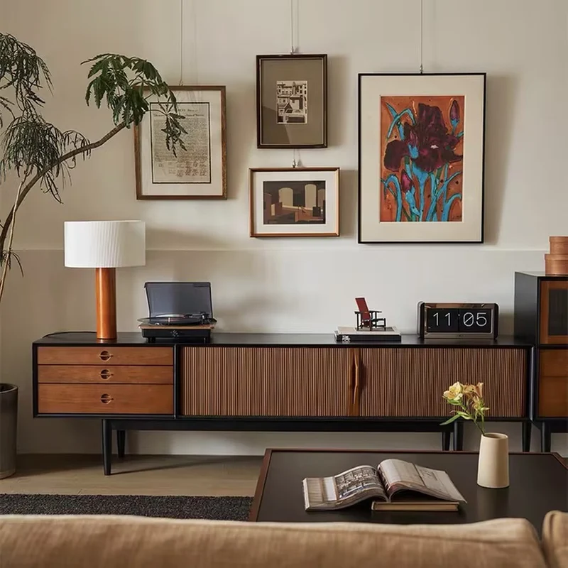 Contemporary Retro Solid Ash Wood & Plywood Rectangular TV Stand With 3 Drawers & 3 Shelves For Living Room