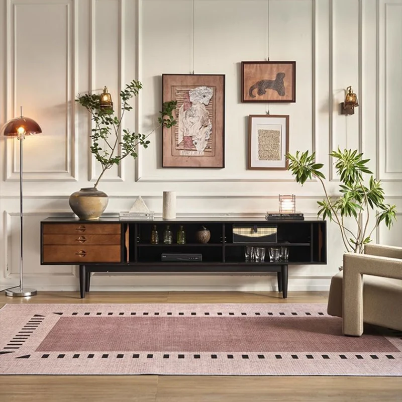 Contemporary Retro Solid Ash Wood & Plywood Rectangular TV Stand With 3 Drawers & 3 Shelves For Living Room