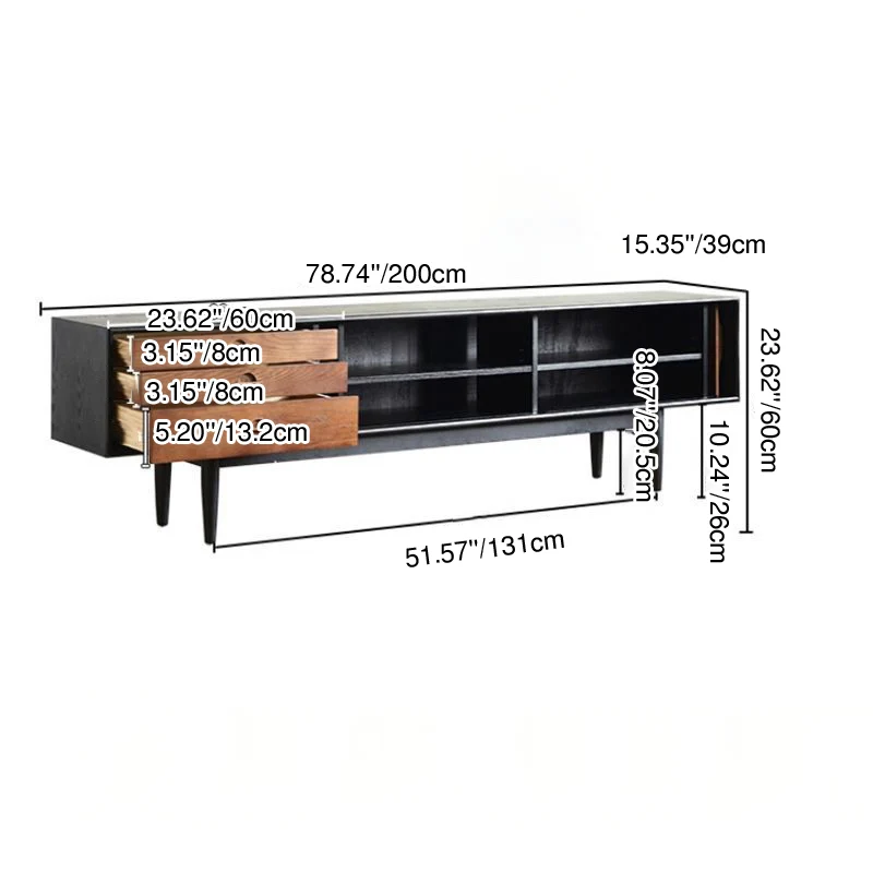 Contemporary Retro Solid Ash Wood & Plywood Rectangular TV Stand With 3 Drawers & 3 Shelves For Living Room