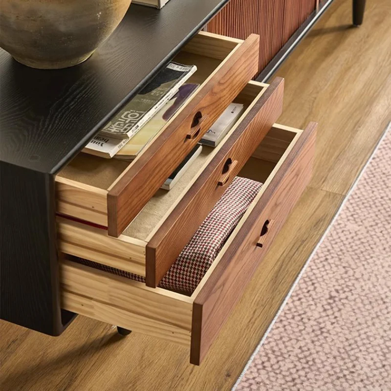 Contemporary Retro Solid Ash Wood & Plywood Rectangular TV Stand With 3 Drawers & 3 Shelves For Living Room
